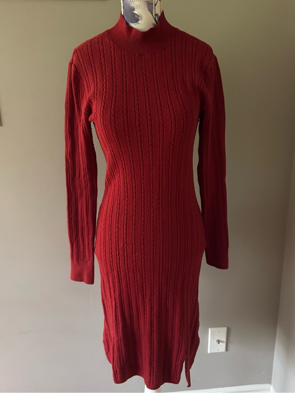 Abercrombie & Fitch Ribbed Cable-Knit Long Sleeve Dress - Red